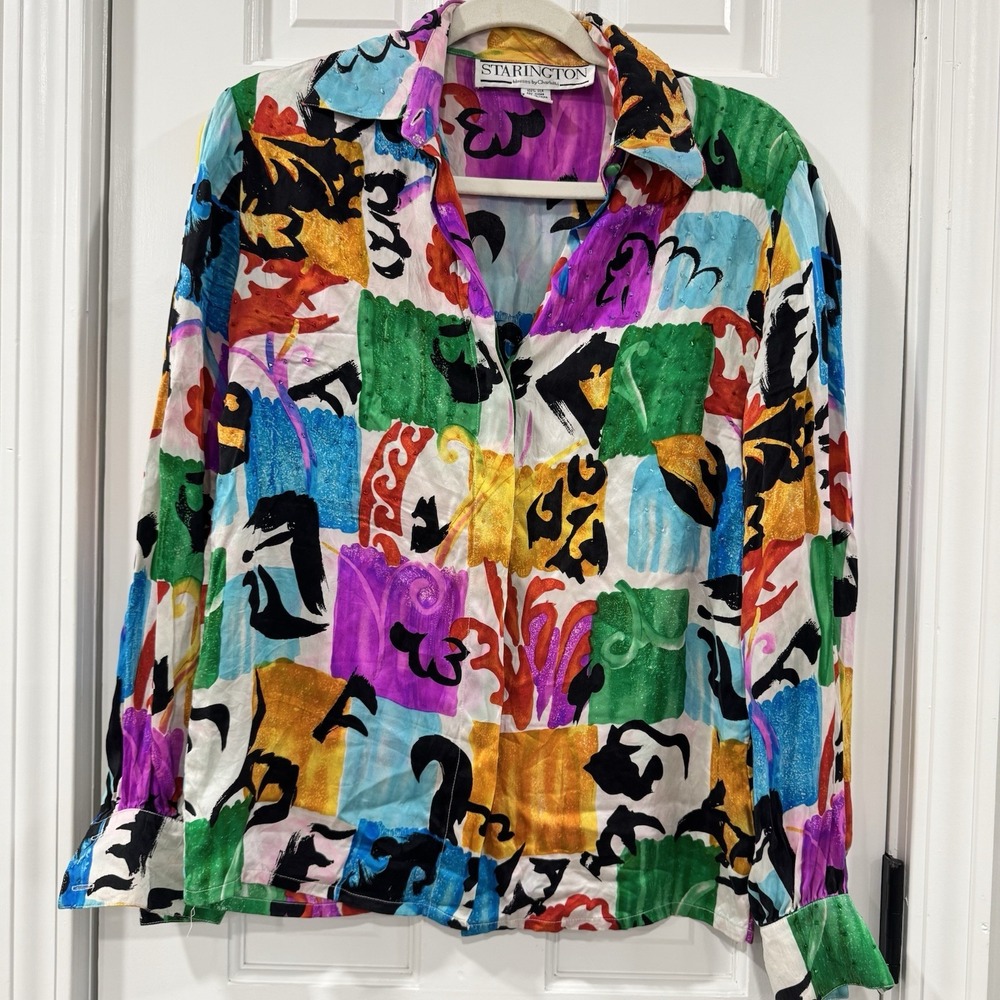 Starington Blouses by Charlotte Silk Shirt Size 6 Abstract Beaded Artsy 80s